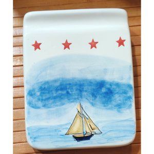 Hand Painted Sailboat Nautical Ceramic Desktop Pen Notepad Holder Display RARE